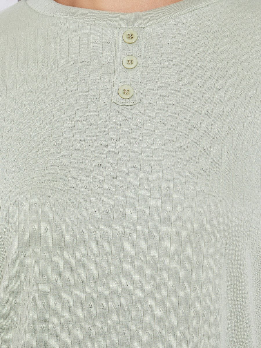 Pointelle Round Neck Placket T-Shirt and Wide Leg Pyjama Set
