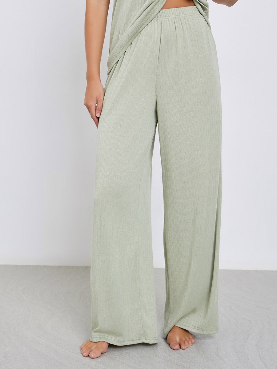 Pointelle Round Neck Placket T-Shirt and Wide Leg Pyjama Set
