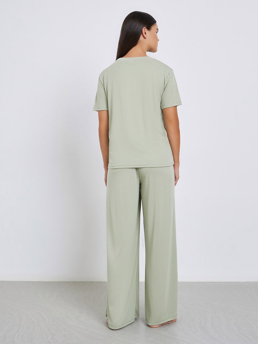 Pointelle Round Neck Placket T-Shirt and Wide Leg Pyjama Set