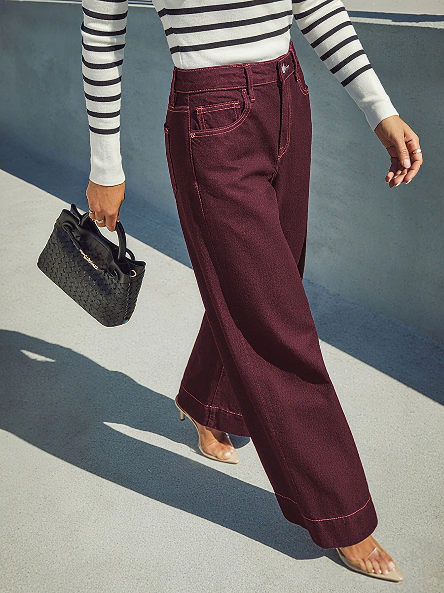 Burgundy High Rise Wide Leg Jeans