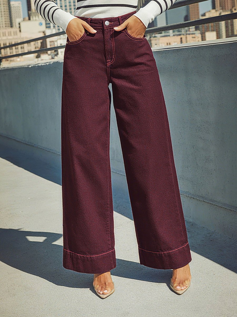 Burgundy High Rise Wide Leg Jeans