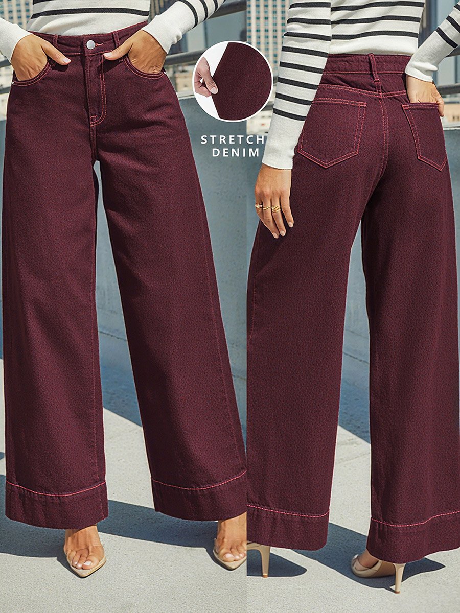 Burgundy High Rise Wide Leg Jeans