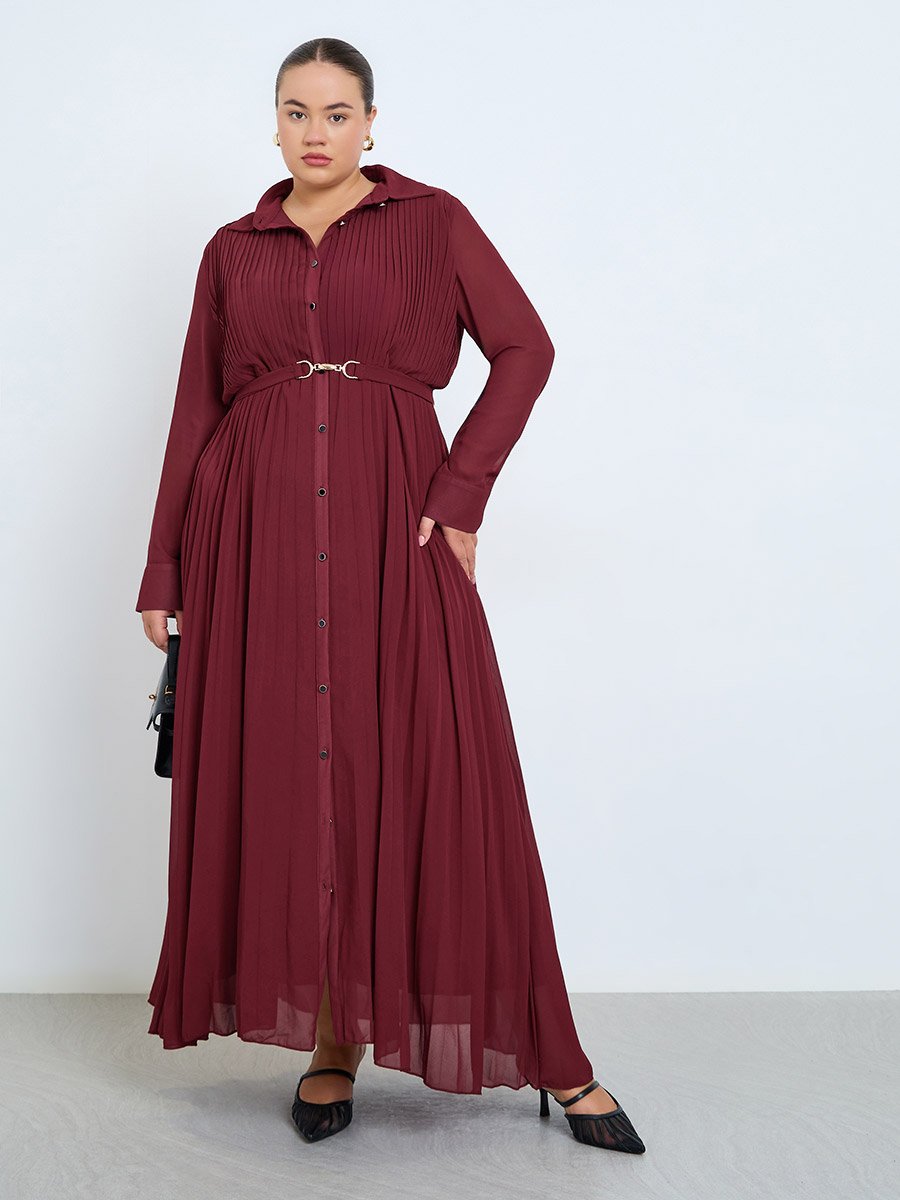 Plus Size Burgundy Pleated Collared Maxi Dress For Women at UAE