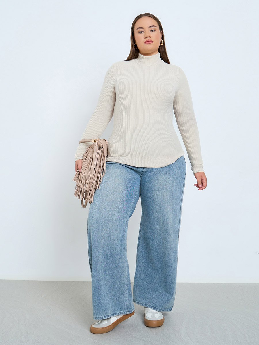 Plus Size Off White Ribbed Knit Top