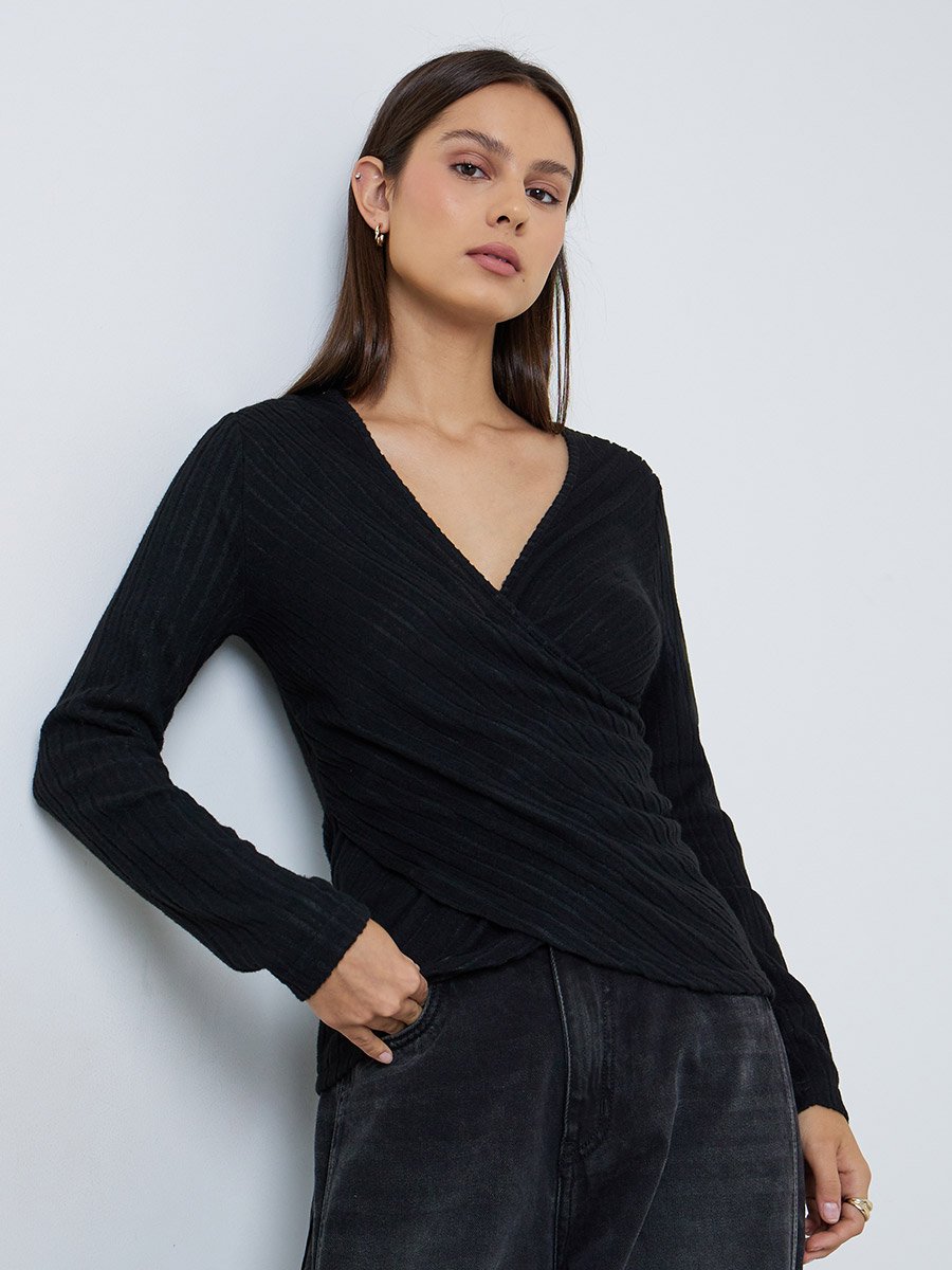 Black Ribbed Wrap Front Detail Top