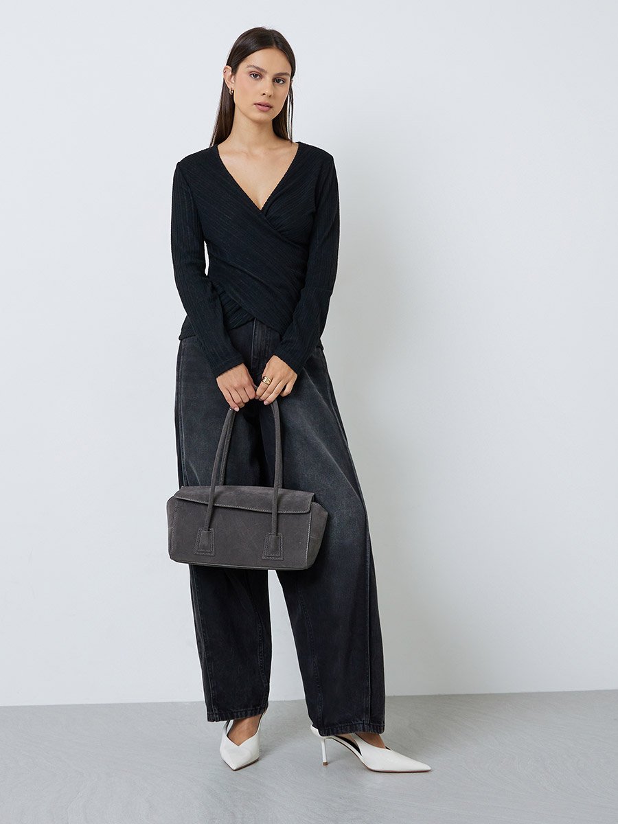 Black Ribbed Wrap Front Detail Top