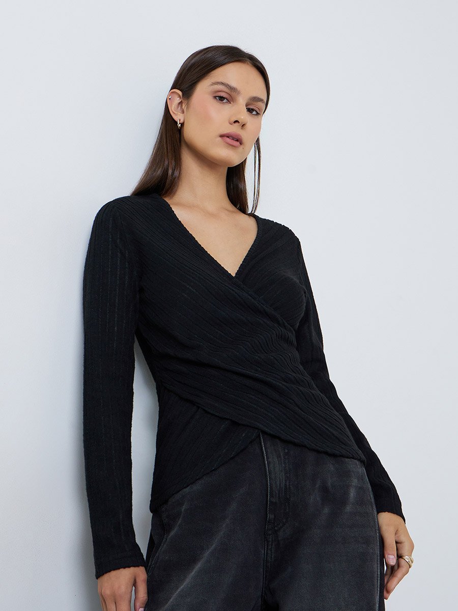 Black Ribbed Wrap Front Detail Top