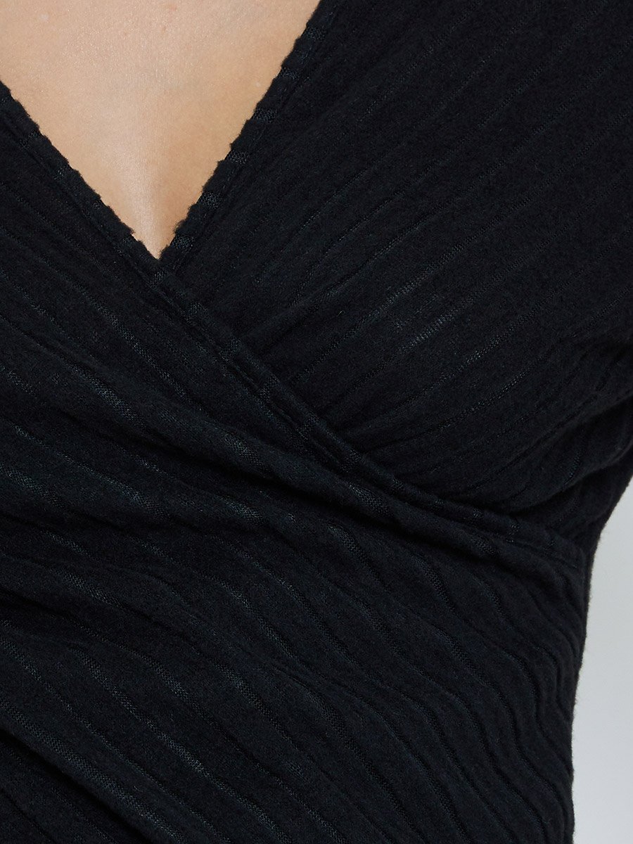Black Ribbed Wrap Front Detail Top