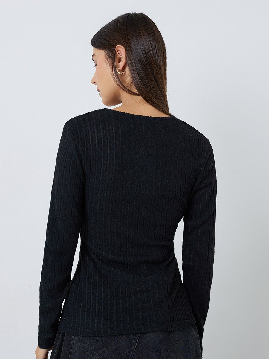Black Ribbed Wrap Front Detail Top