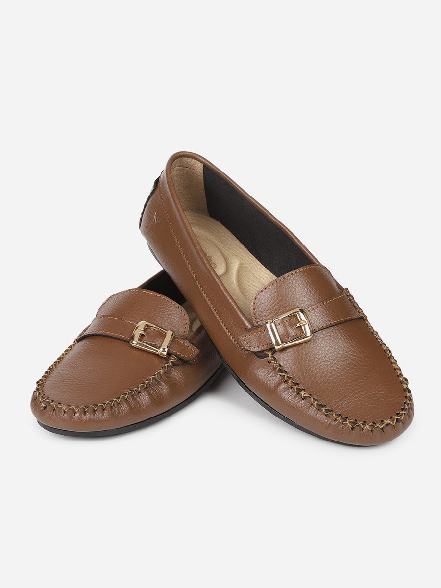 Brown Buckle Detail Round Toe Loafers