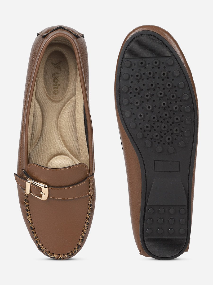 Brown Buckle Detail Round Toe Loafers