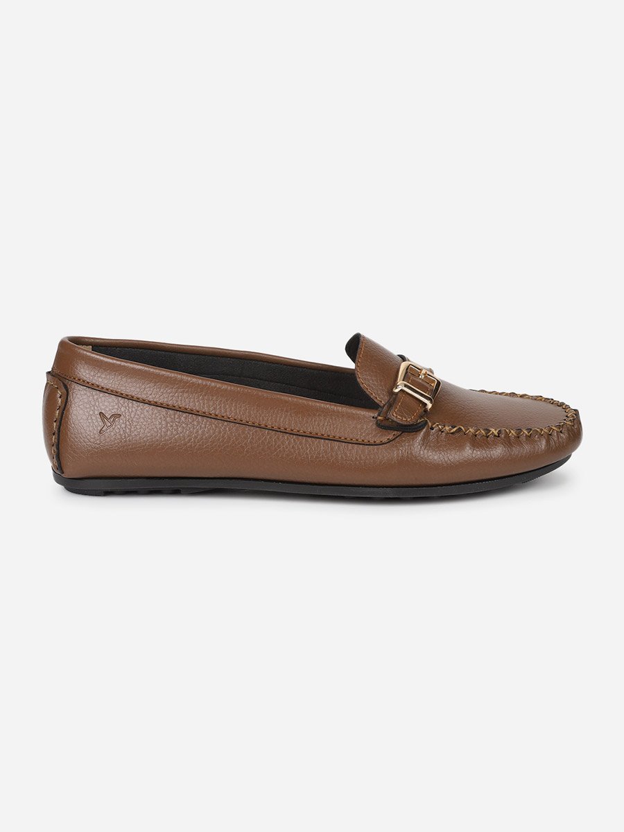 Brown Buckle Detail Round Toe Loafers