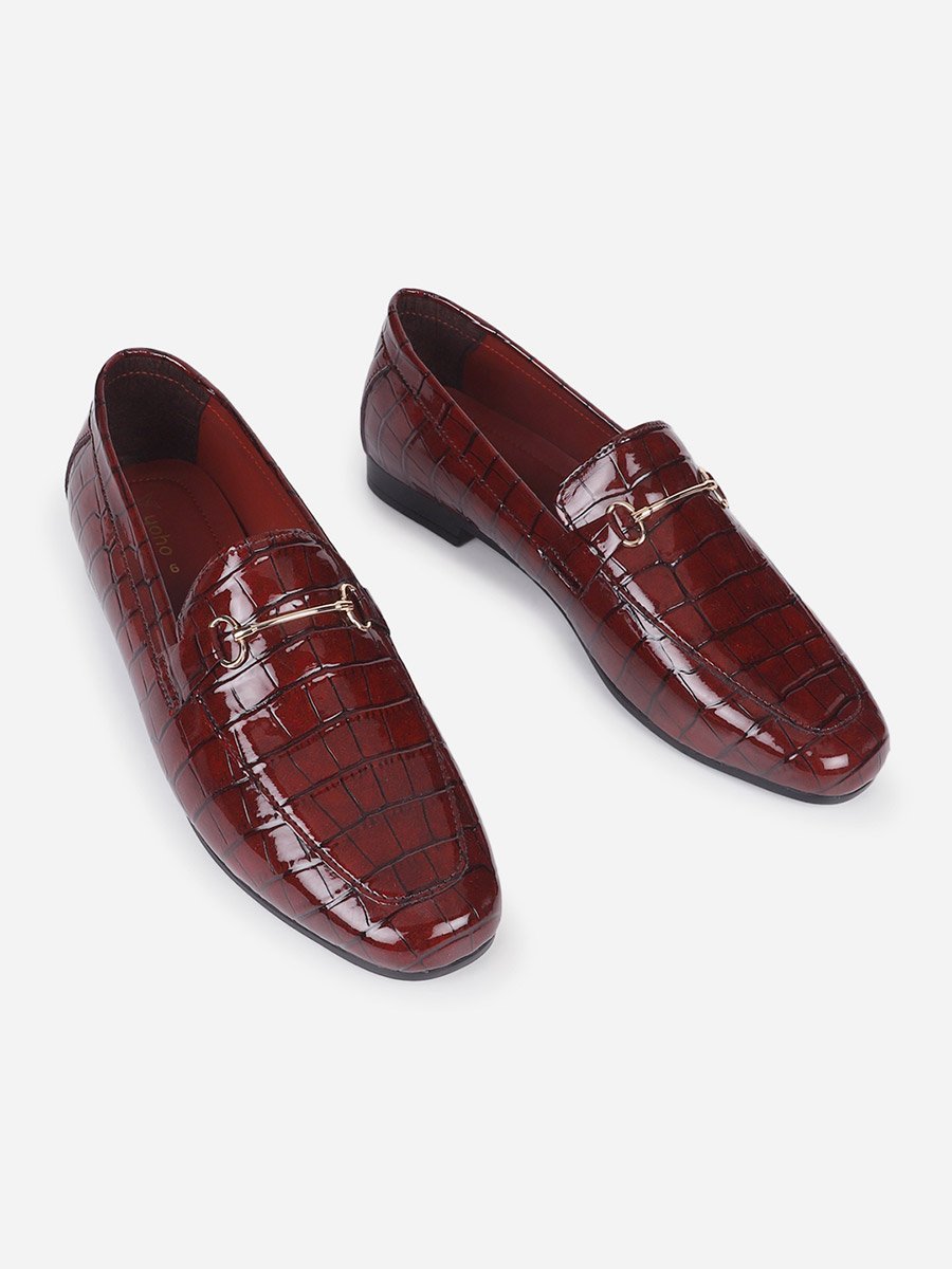 Burgundy Patent Croc-Effect Loafers