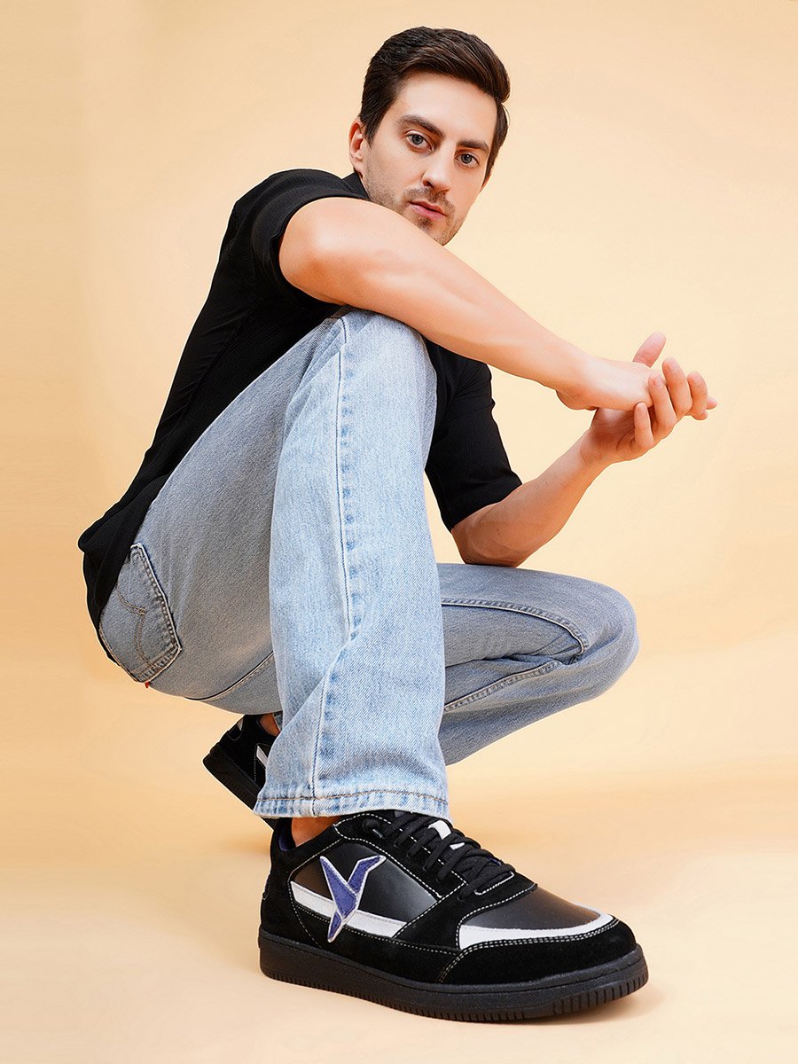 Men Black Textured Logo Detail Sneakers