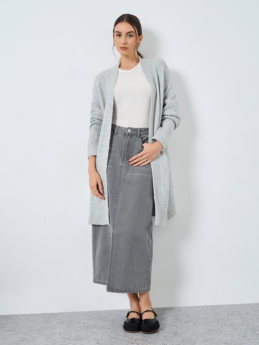 Grey Longline Cardigan with Patch Pocket