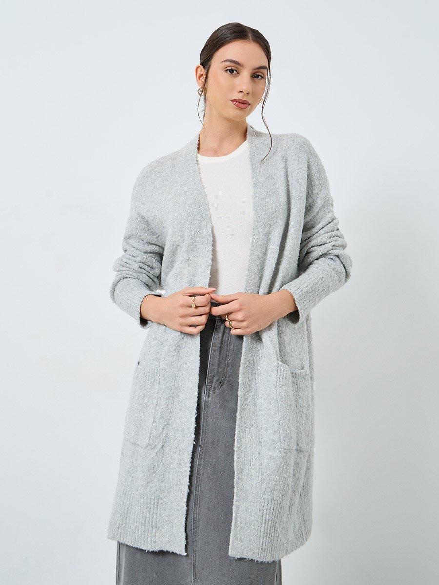 Grey Longline Cardigan with Patch Pocket