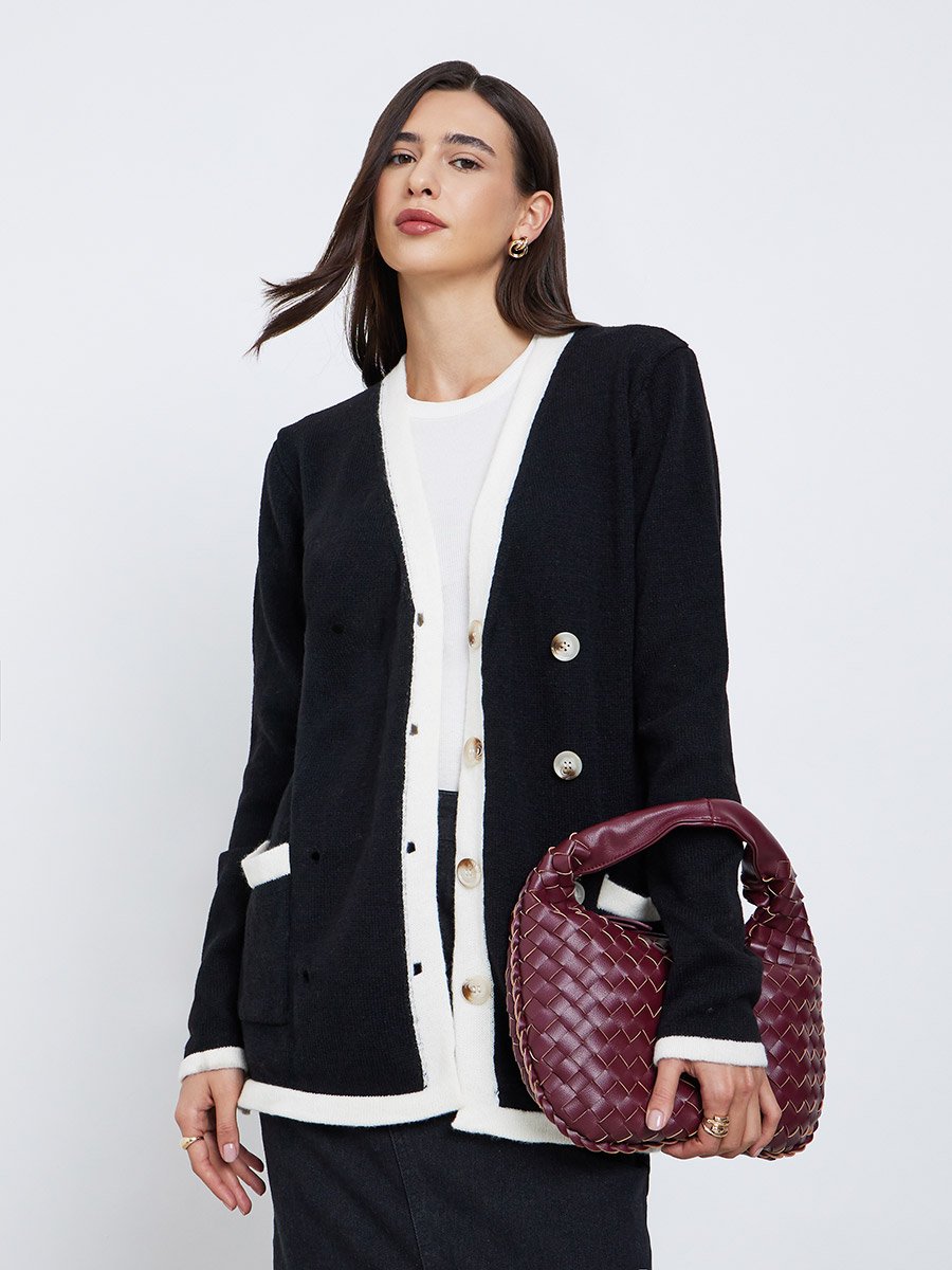 Black Longline Cardigan with Contrast Trim