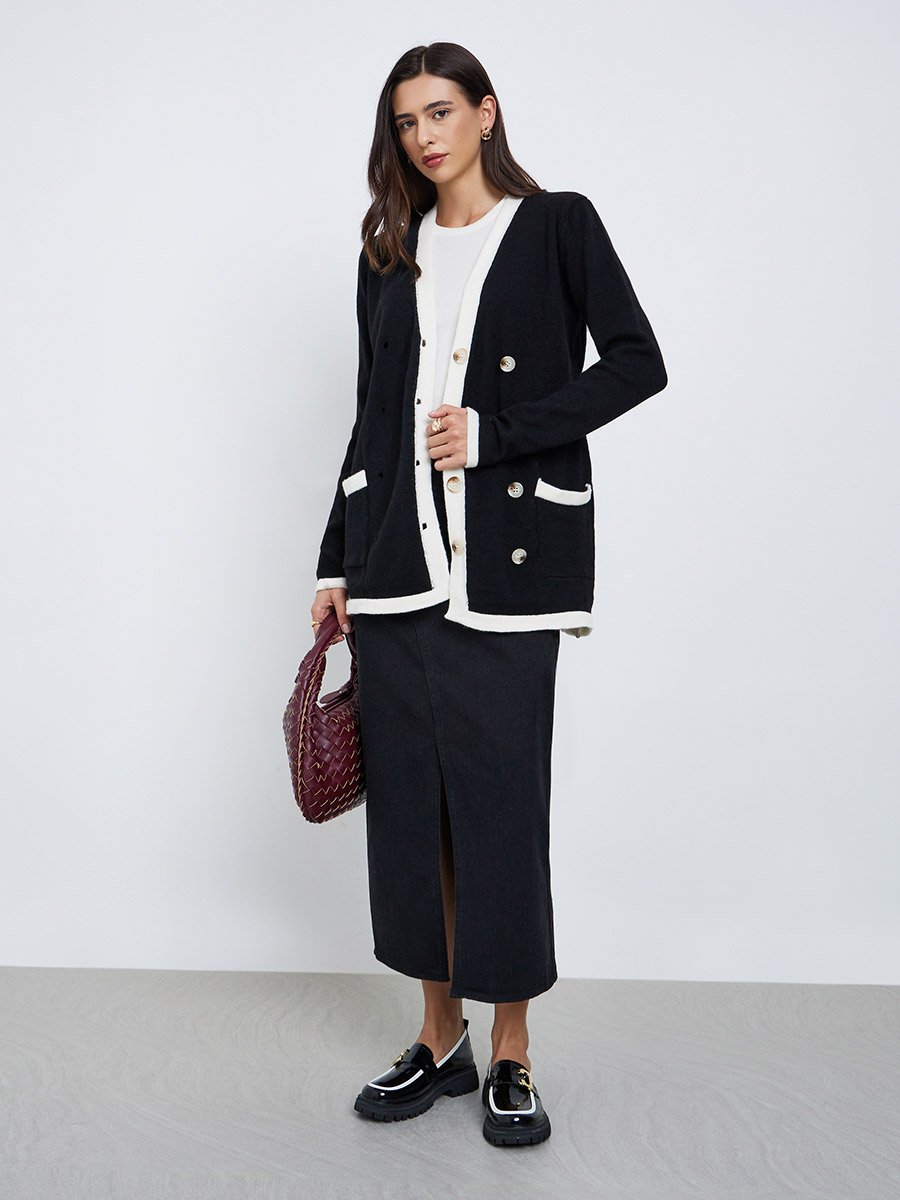 Black Longline Cardigan with Contrast Trim