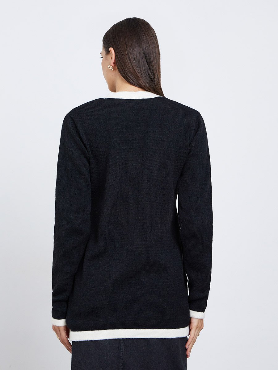 Black Longline Cardigan with Contrast Trim