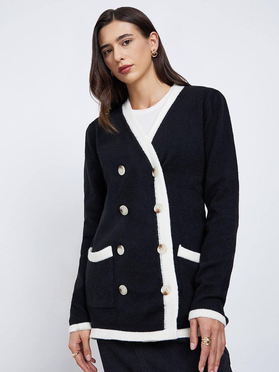 Black Longline Cardigan with Contrast Trim