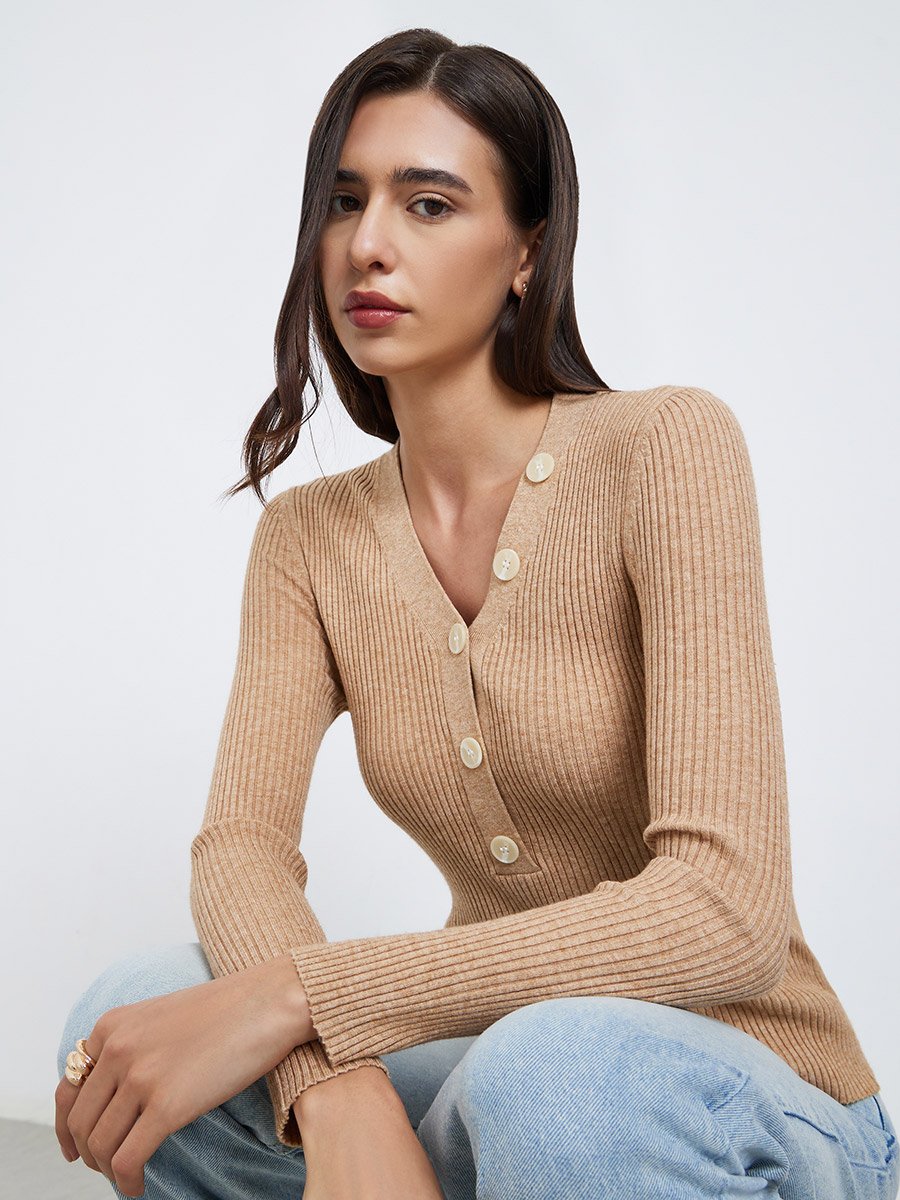 Solid V Neck Button Front Asymmetric Fitted Sweater