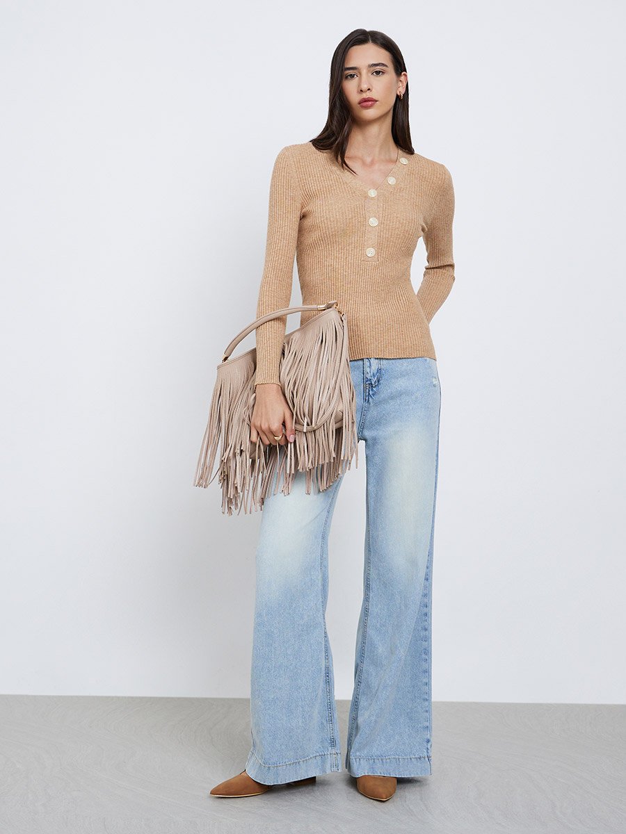 Solid V Neck Button Front Asymmetric Fitted Sweater