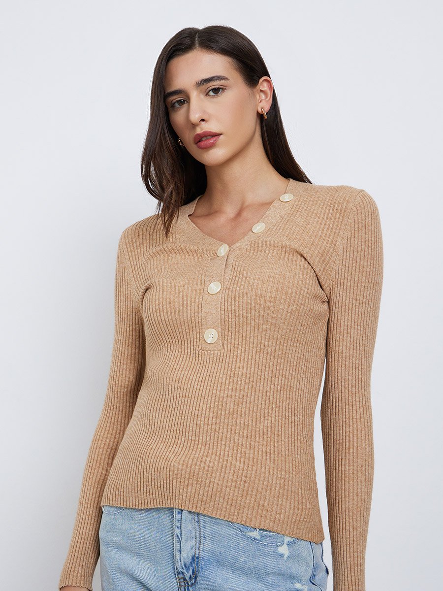 Solid V Neck Button Front Asymmetric Fitted Sweater