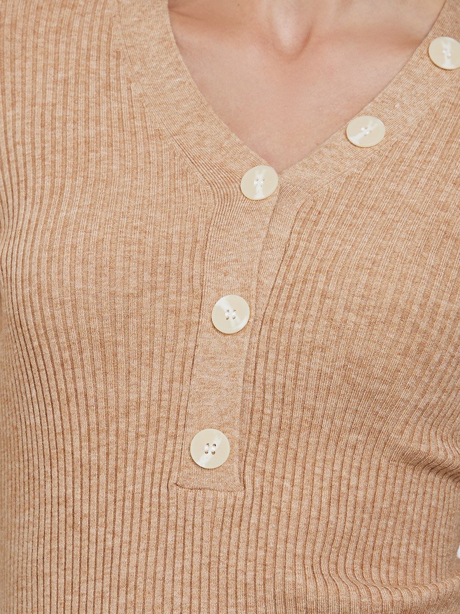 Solid V Neck Button Front Asymmetric Fitted Sweater
