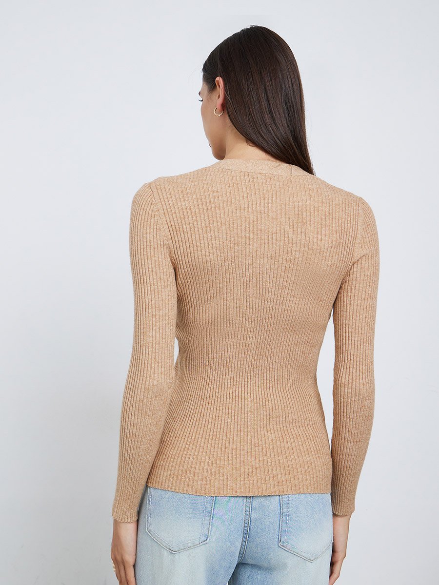 Solid V Neck Button Front Asymmetric Fitted Sweater