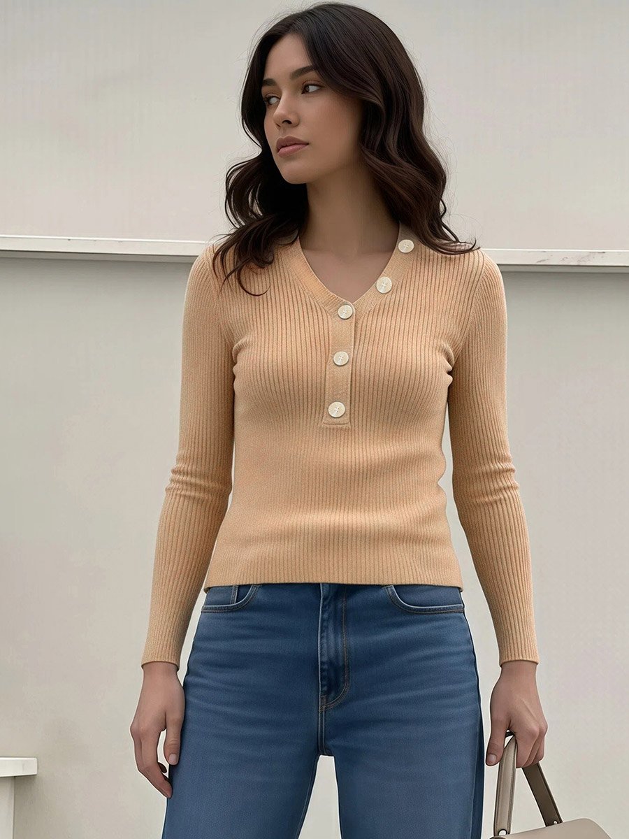 Solid V Neck Button Front Asymmetric Fitted Sweater