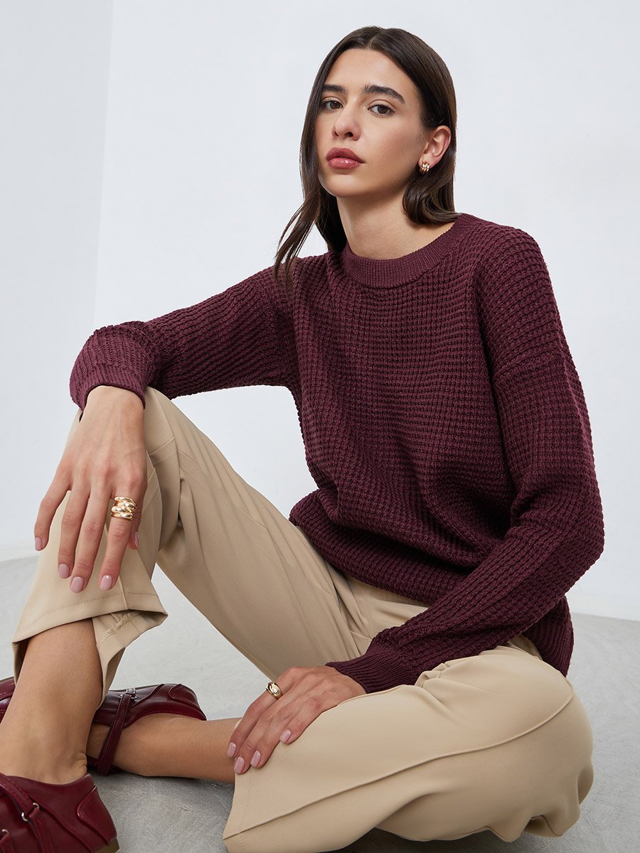 Burgundy Textured Knit Sweater
