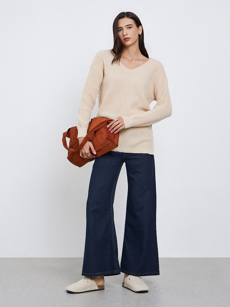 Beige Longline Dropped Shoulder Knit Sweater