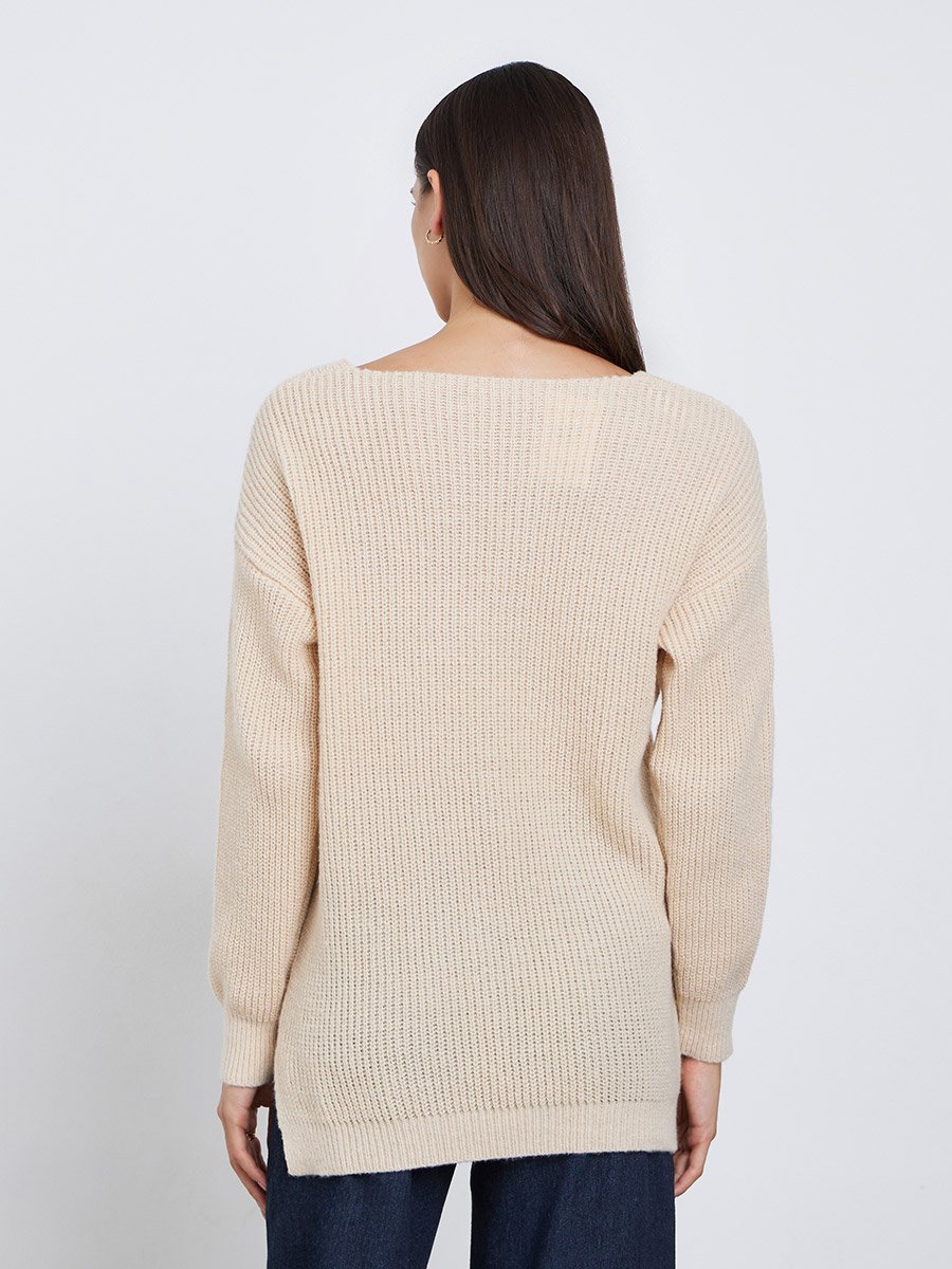Beige Longline Dropped Shoulder Knit Sweater