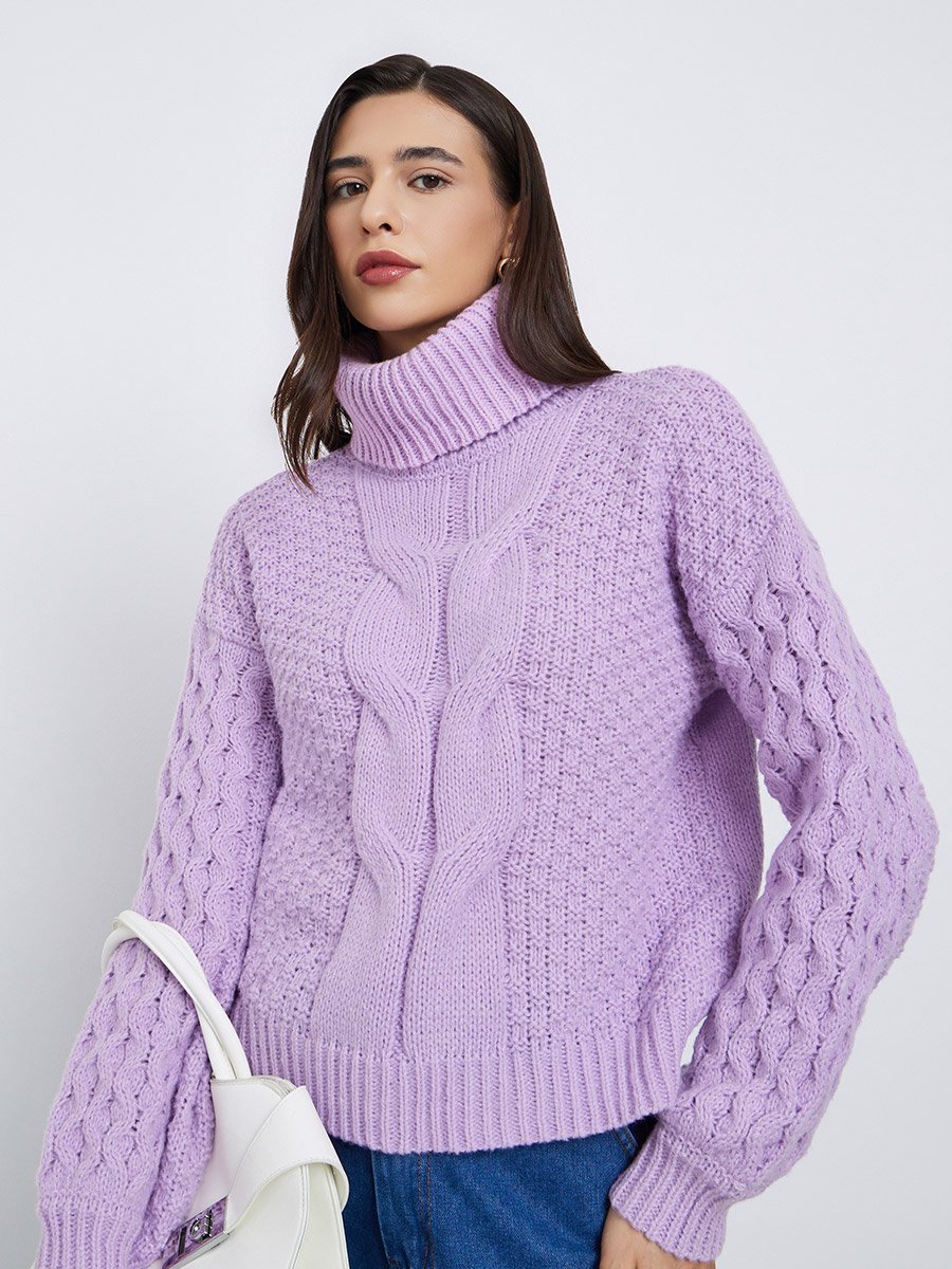 Lilac Regular Fit Cable Knit Sweater