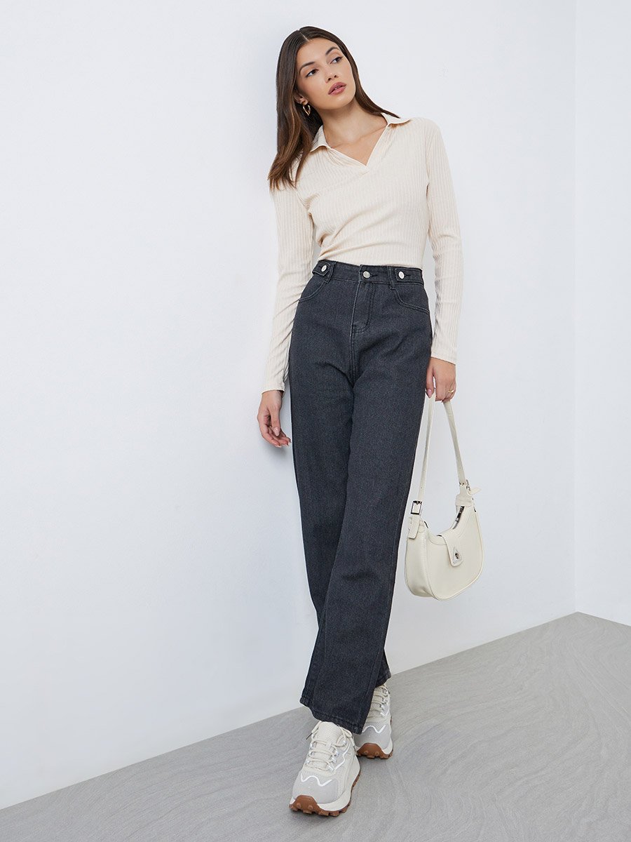 Solid Mid Rise Wide Leg Jeans