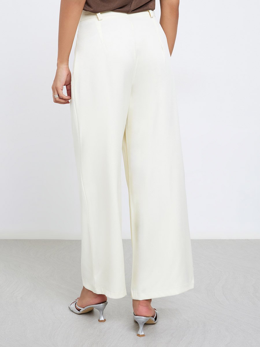 Cream Twill Wide Leg Trousers with Double Pleat Detail
