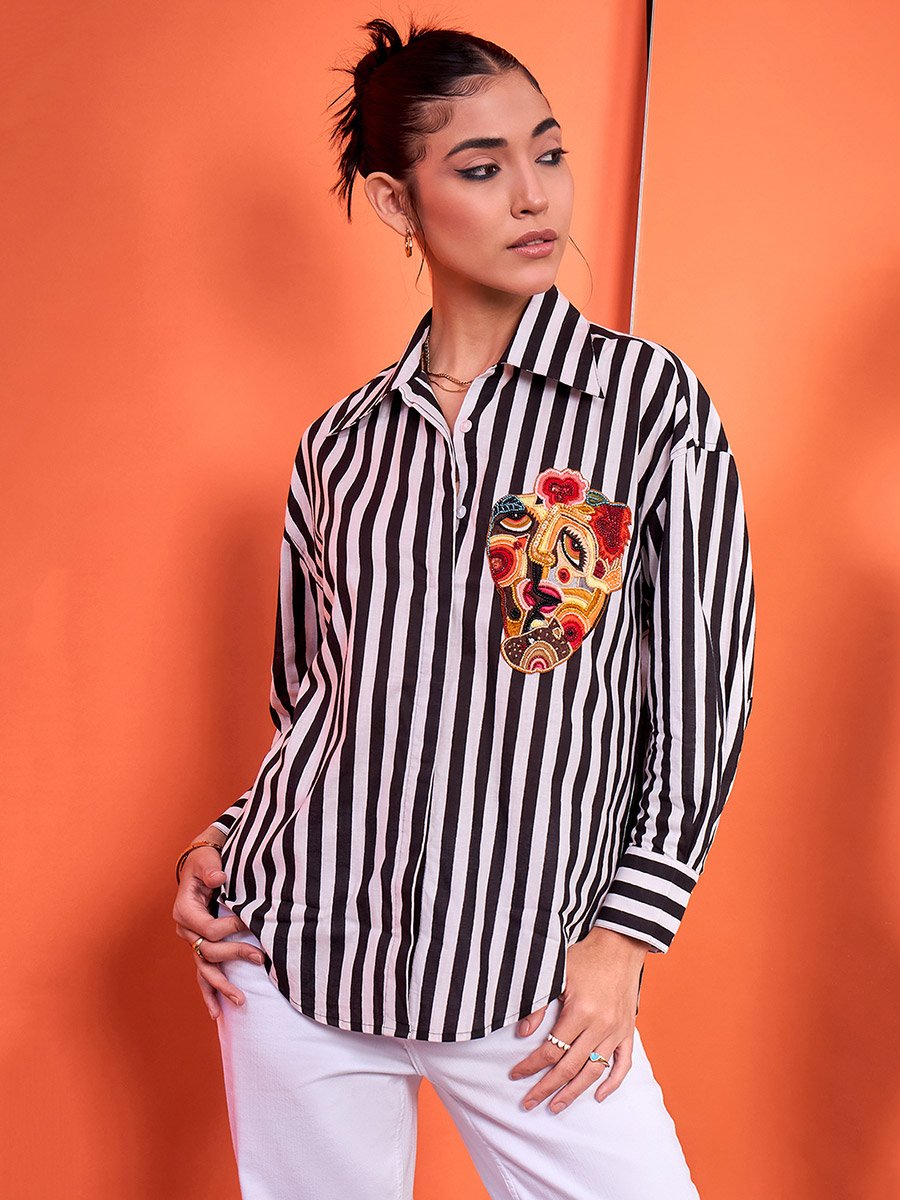 Printed Tie-Up Full Sleeve Sequinned Cotton Shirt