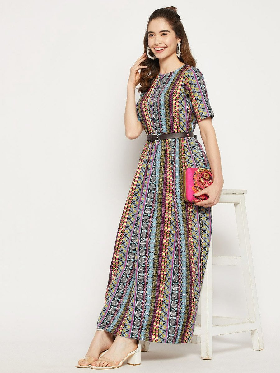 Printed Maxi Dress with Belt