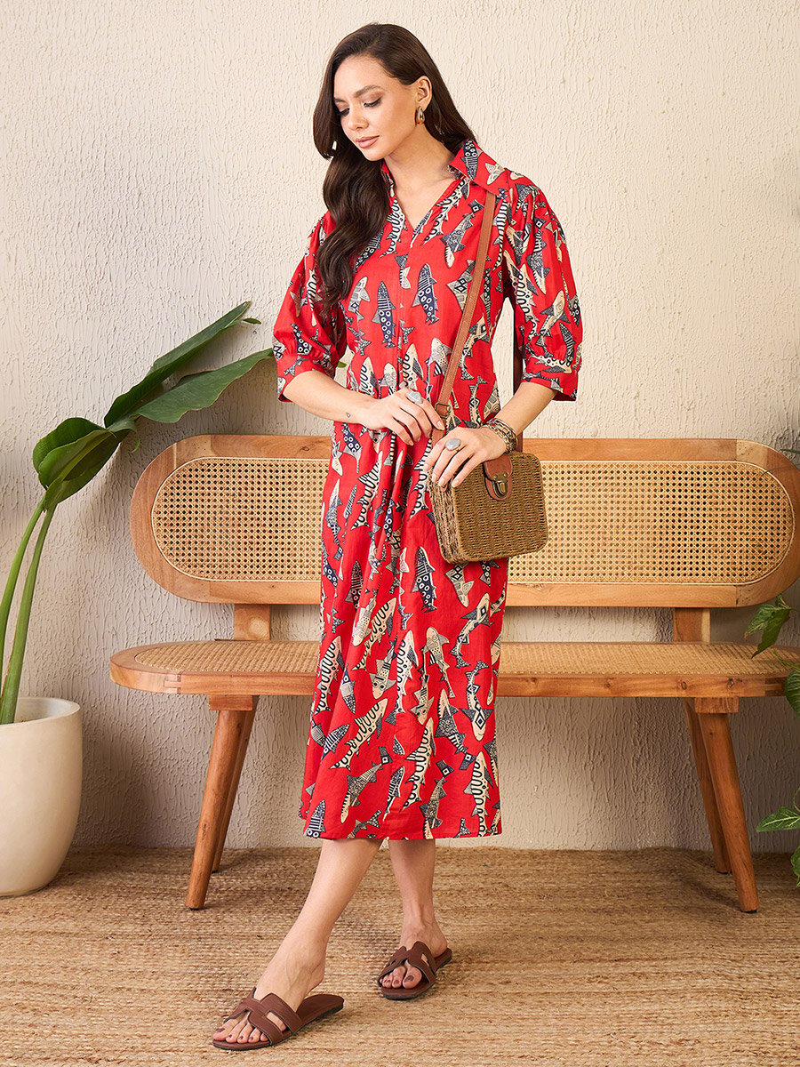 Front Pleated Cotton Midi Dress