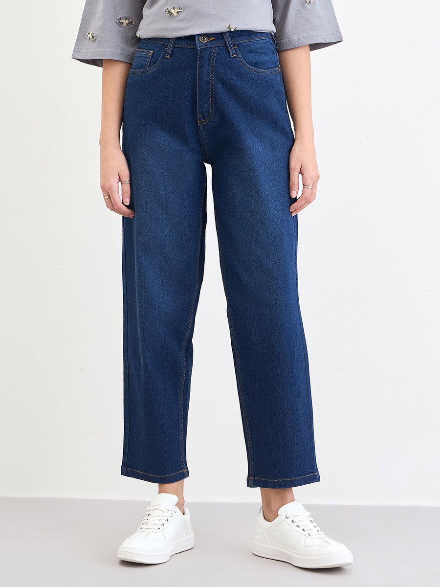Women Dark Blue High Rise Relaxed Fit Jeans