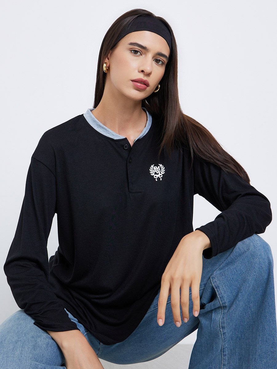 Black Minimal Print Oversized Polo T-Shirt