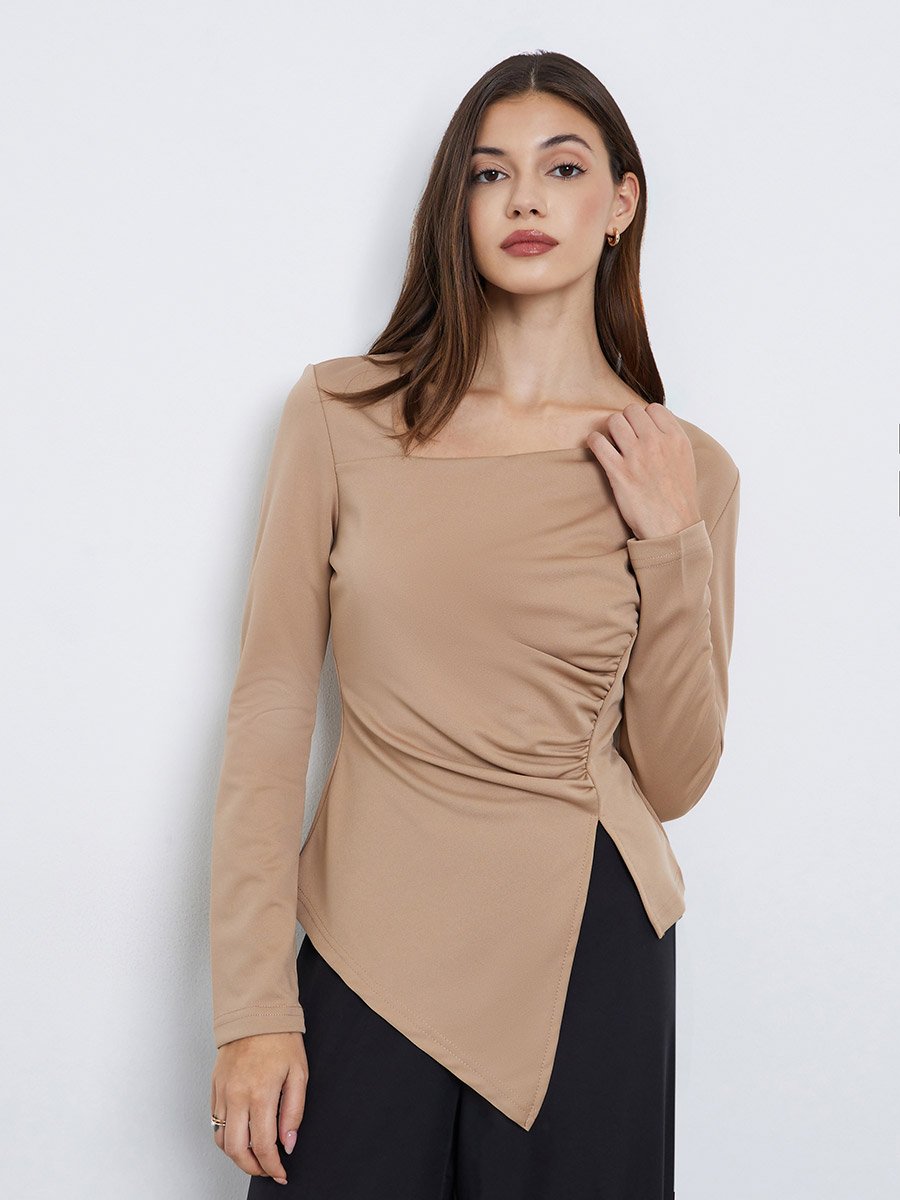 Brown Asymmetric Neck Long Sleeve T-Shirt