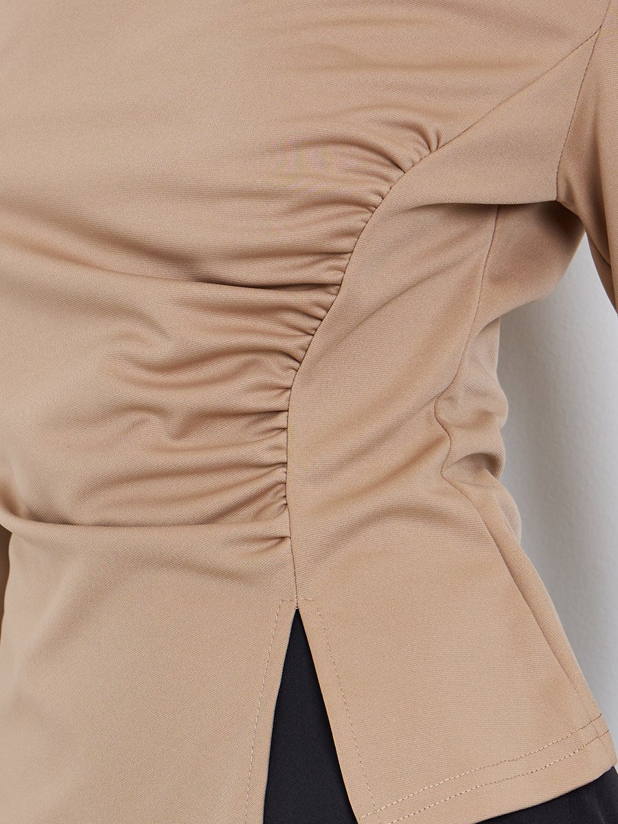 Brown Asymmetric Neck Long Sleeve T-Shirt