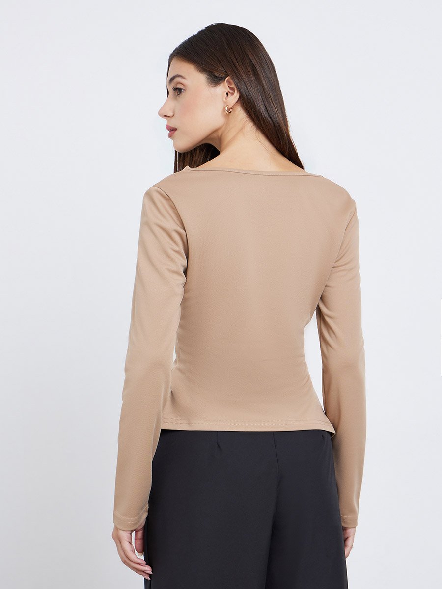 Brown Asymmetric Neck Long Sleeve T-Shirt