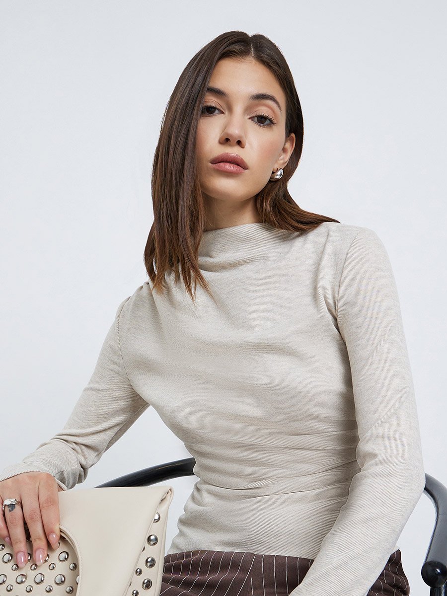 Beige High Neck Slim Fit Knit T-Shirt