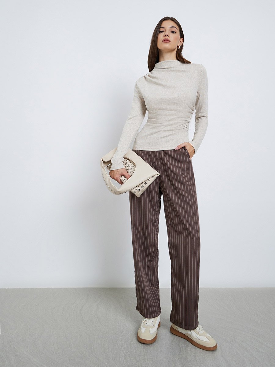 Beige High Neck Slim Fit Knit T-Shirt