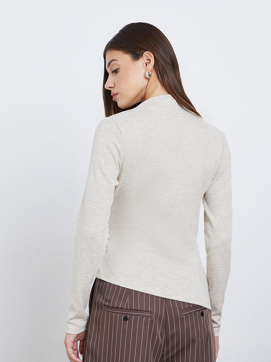 Beige High Neck Slim Fit Knit T-Shirt
