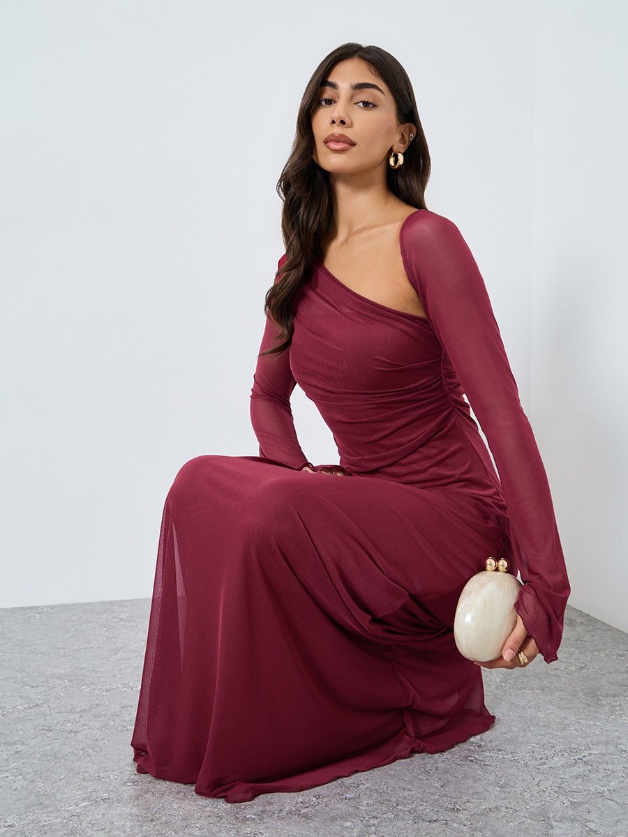Burgundy Asymmetric Neck Maxi Evening Dress For Women at Kuwait | Styli