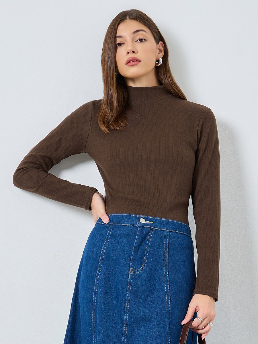 Brown Ribbed Knit Mock Neck Top