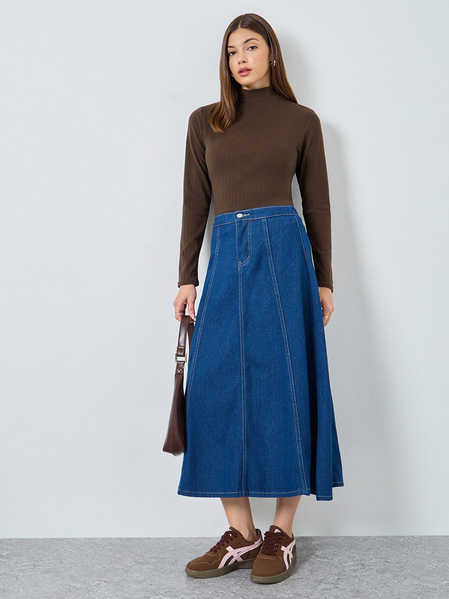 Brown Ribbed Knit Mock Neck Top